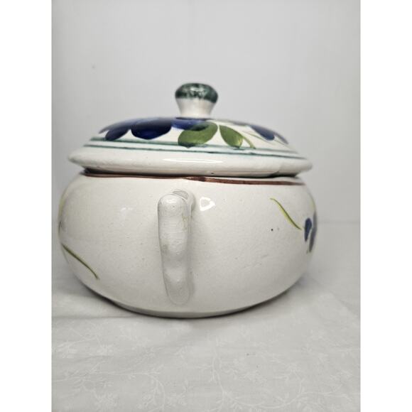 Vtg Mexican Hand Made Painted Decorative Lidded Bean Pot Blue Floral Casserole - Picture 5 of 11